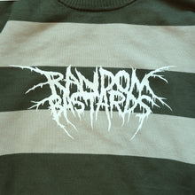 White Random Bastards metal logo on green and cream striped knitwear